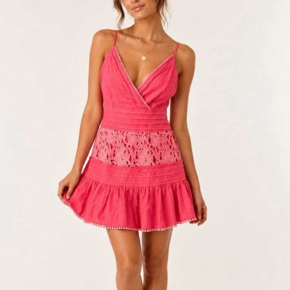Saints + Secrets Pink Lace Crochet Ruffle Mini Dress Boho Festival Size S